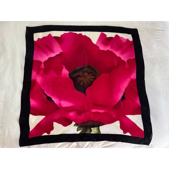 GORGEOUS TALBOTS 100% SILK SCARF 36" SQ RED & ROSE TONES BLACK EDG NEW WITH TAGS - Picture 2 of 5